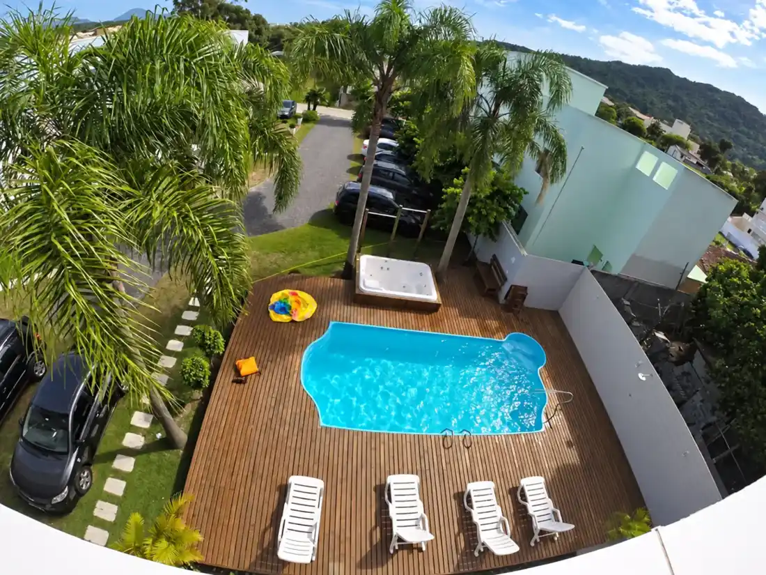 Aerial view of the outdoor swimming pool and wooden deck